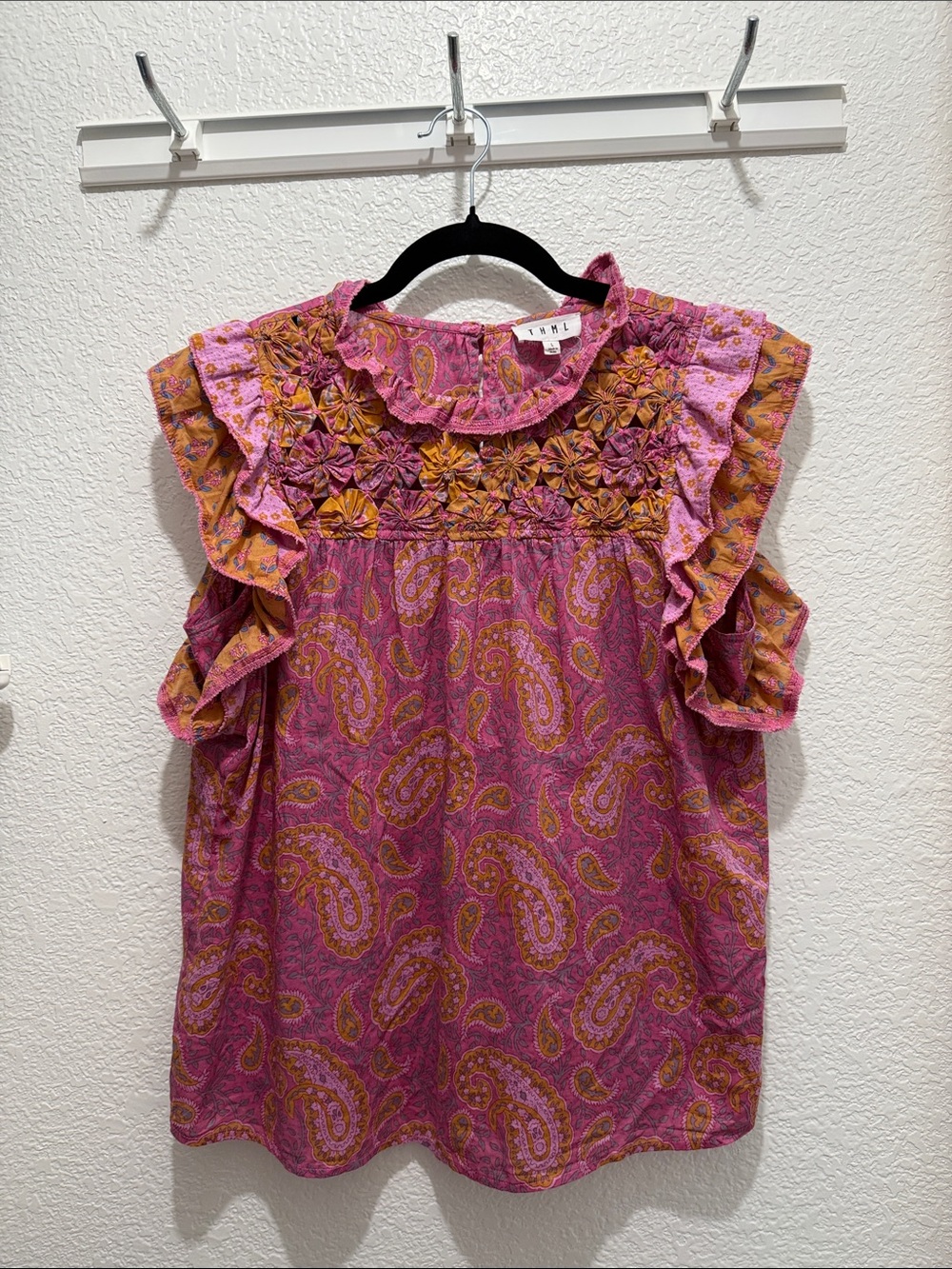 THML Pink Paisley Ruffle Sleeve Blouse with Gold Accents